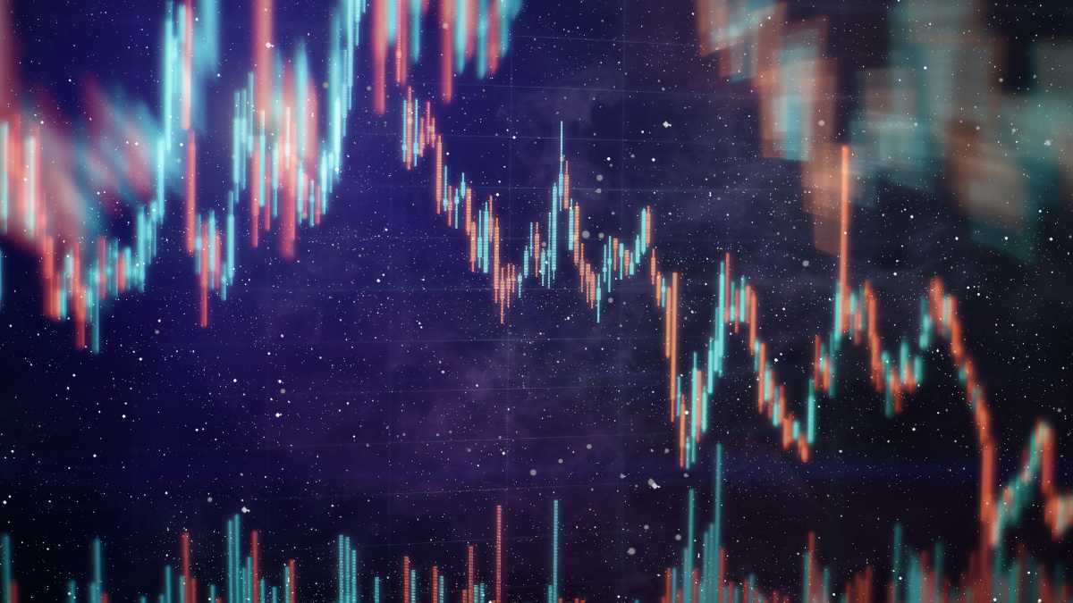 Abstract stock market candlestick chart with a cosmic background