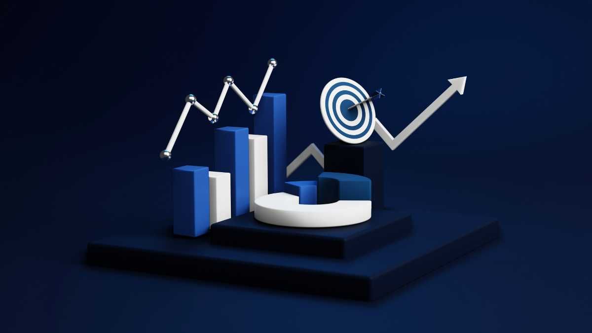 3D bar graph with rising trendline and target on dark blue background