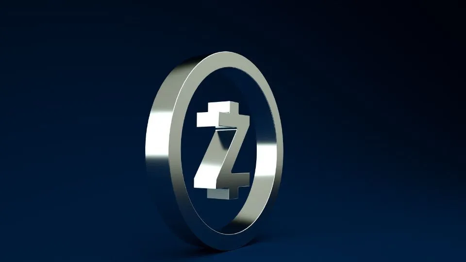 3D metallic logo of Zcash cryptocurrency with a sleek silver finish against a dark blue background.