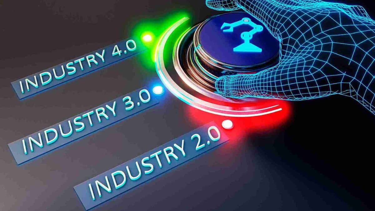 3D-rendered hand making contact with a controller, featuring industry versions two, three, and four