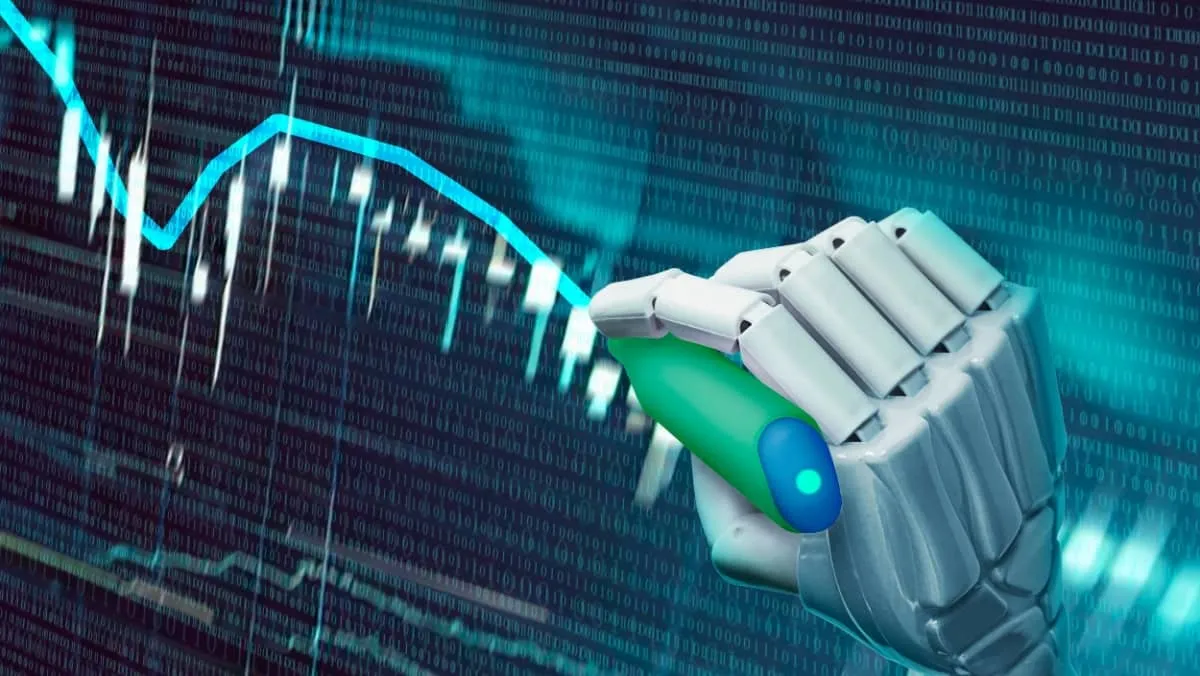 AI trading analysis. Plastic robot arm tracking sales graph with artificial intelligence. Digital automated marketing online