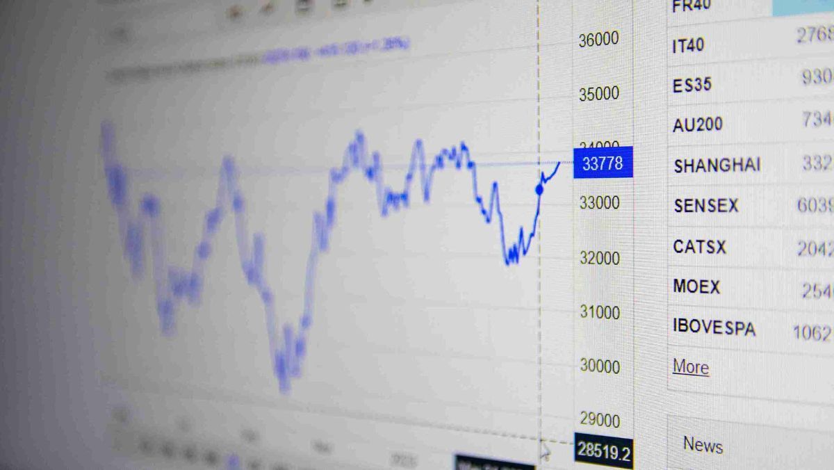 A blurry digital display with emphasis on the upward trend signal in a trading chart