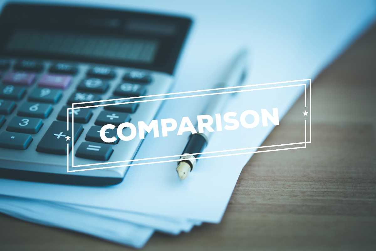 A calculator, pen, and documents on a desk with the word  COMPARISON  overlaid.
