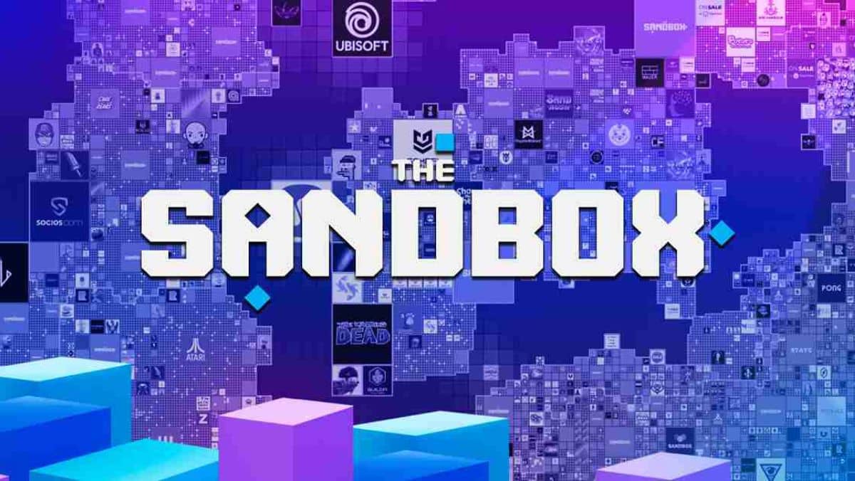 A centered presentation of The Sandbox logo surrounded by a graphic featuring the names of gaming companies