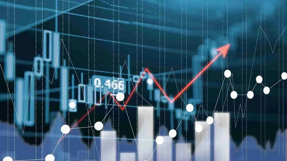 A chart depicting trading patterns with lines and an upward-pointing red arrow