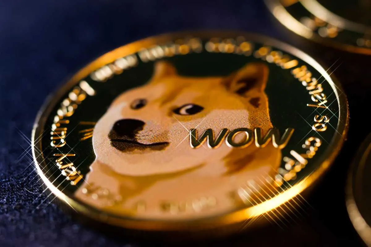A close-up of a Dogecoin token with the Shiba Inu logo and the word  WOW