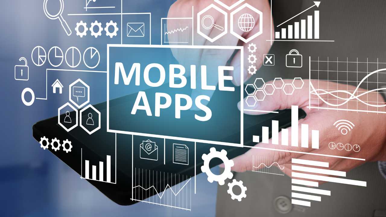 A hand holding a smartphone with the words MOBILE APPS and various data and analytics icons in the background