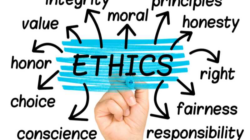 A hand writing the word  ETHICS  surrounded by associated words like integrity, principles, honesty, and fairness