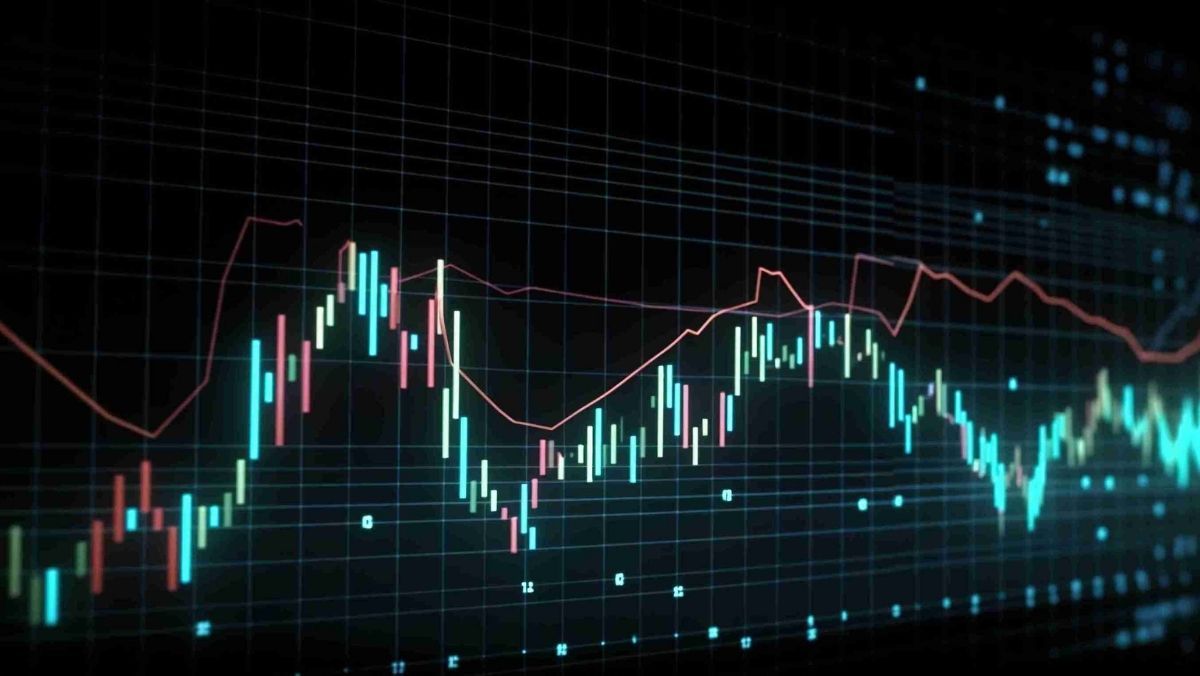 A vividly colored trading chart featuring a crossing red line
