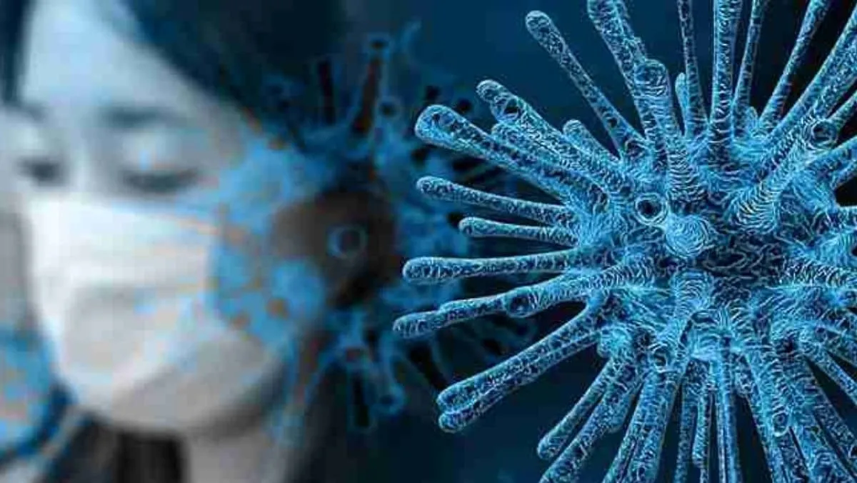A woman with a facemask and an image of coronavirus
