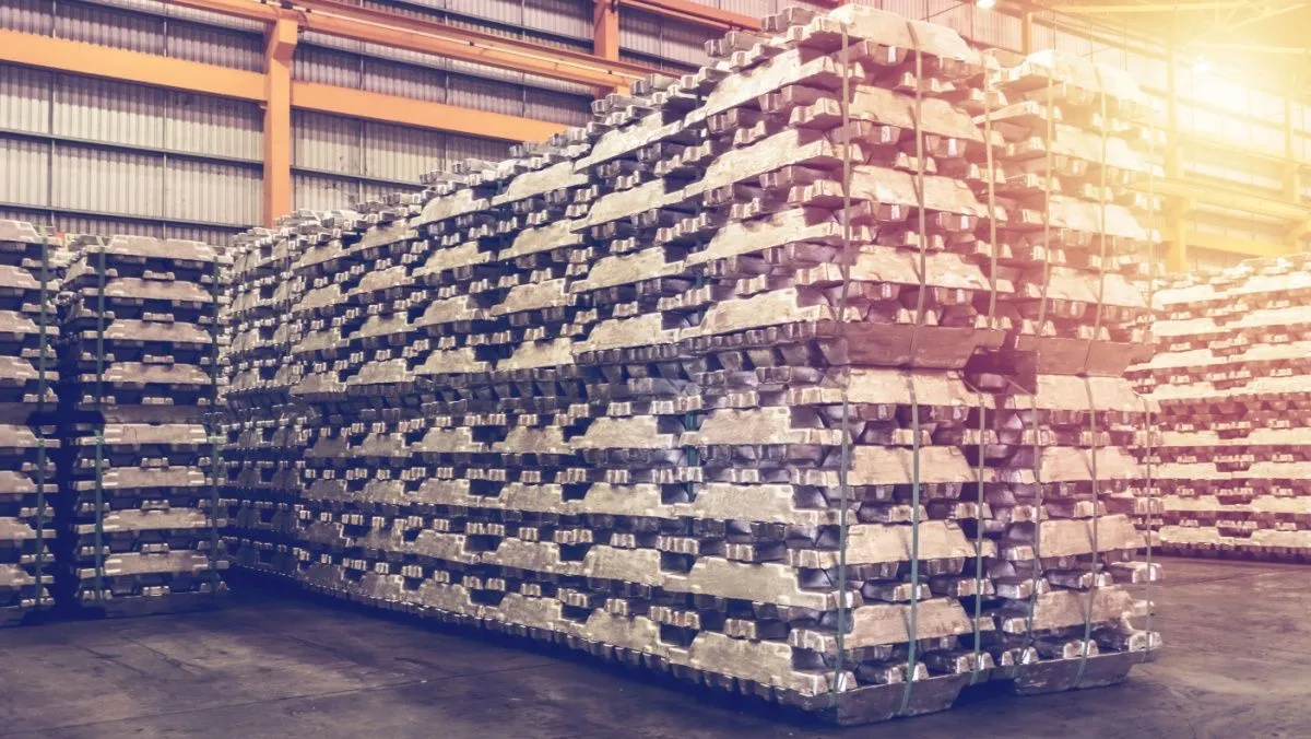 Aluminum Ingot storage in indoor warehouse for export. Vintage color