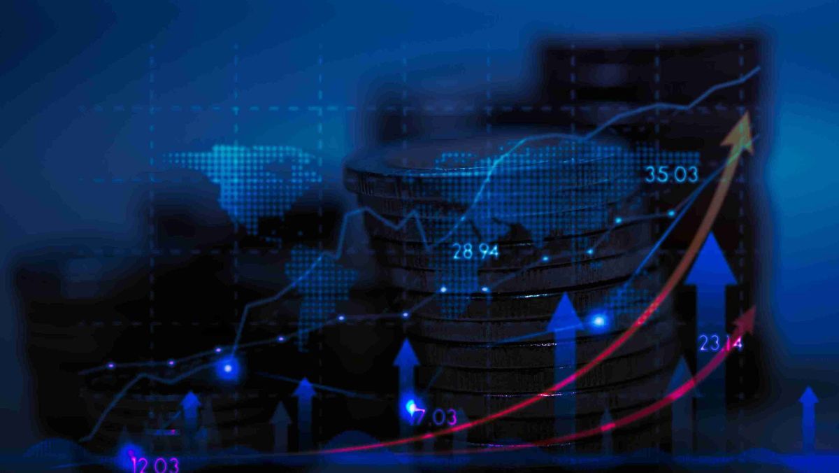 Arrows in shades of blue pointing upward, complemented by a map graphic and a collection of coins