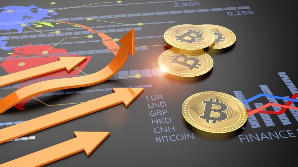 Bitcoin tokens on a digital finance chart with arrows indicating market trends and fluctuations