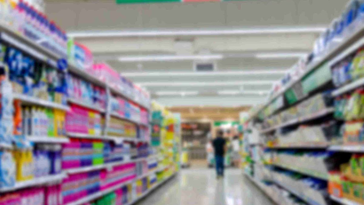 Blurred products in the supermarket area of a shopping centre