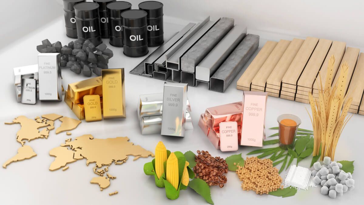 Commodities such as coal tar, gold, cotton, corn, sugar, soybeans, and iron on white background