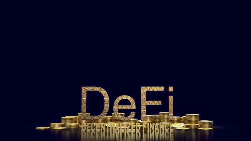 DeFi text with gold coins on a dark background, symbolizing decentralized finance