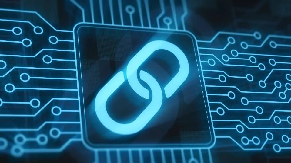 Digital illustration of a glowing blue chain link symbolizing blockchain security on a circuit board background.
