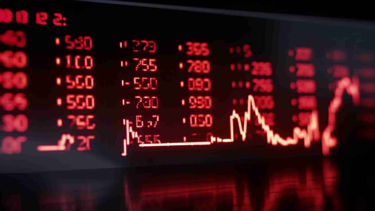 Financial information displayed on a digital screen with a red color scheme