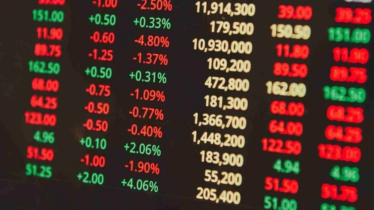 Financial market information with figures represented in the colors red, yellow, and green