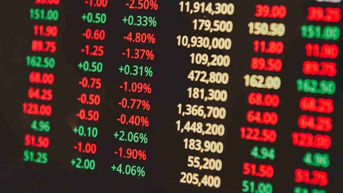 Financial market information with figures represented in the colors red, yellow, and green