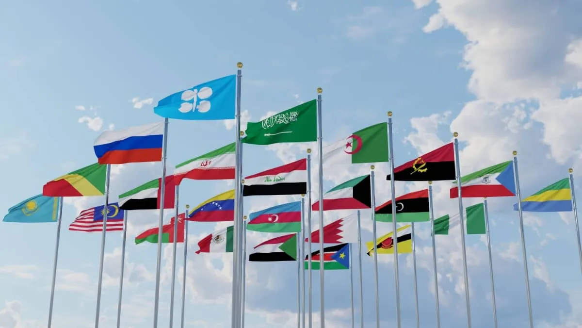 Flags of OPEC Plus countries, 23 countries ,Kingdom Saudi Arabia ,Algeria ,Angola Equatorial ,Guinea, Gabon, Iran ,Iraq ,Kuwait ,Libya ,Nigeria ,Republic of the Congo ,uae ,Venezu.