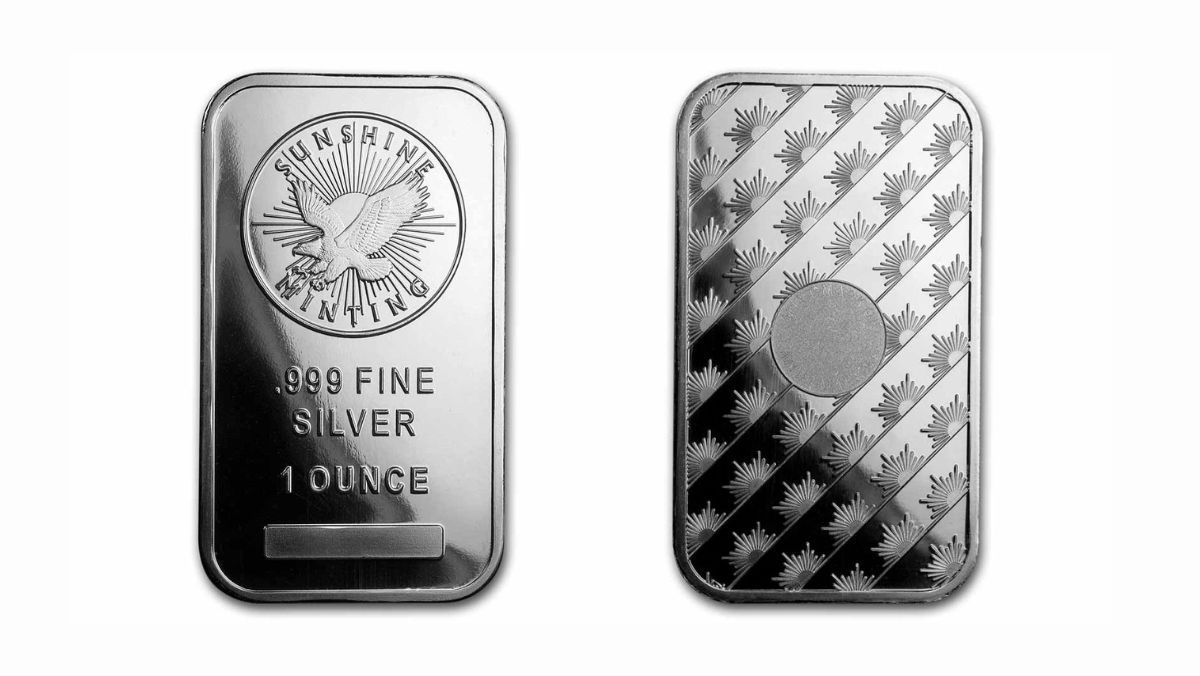Front and back view of a one ounce fine silver bar from Sunshine Minting