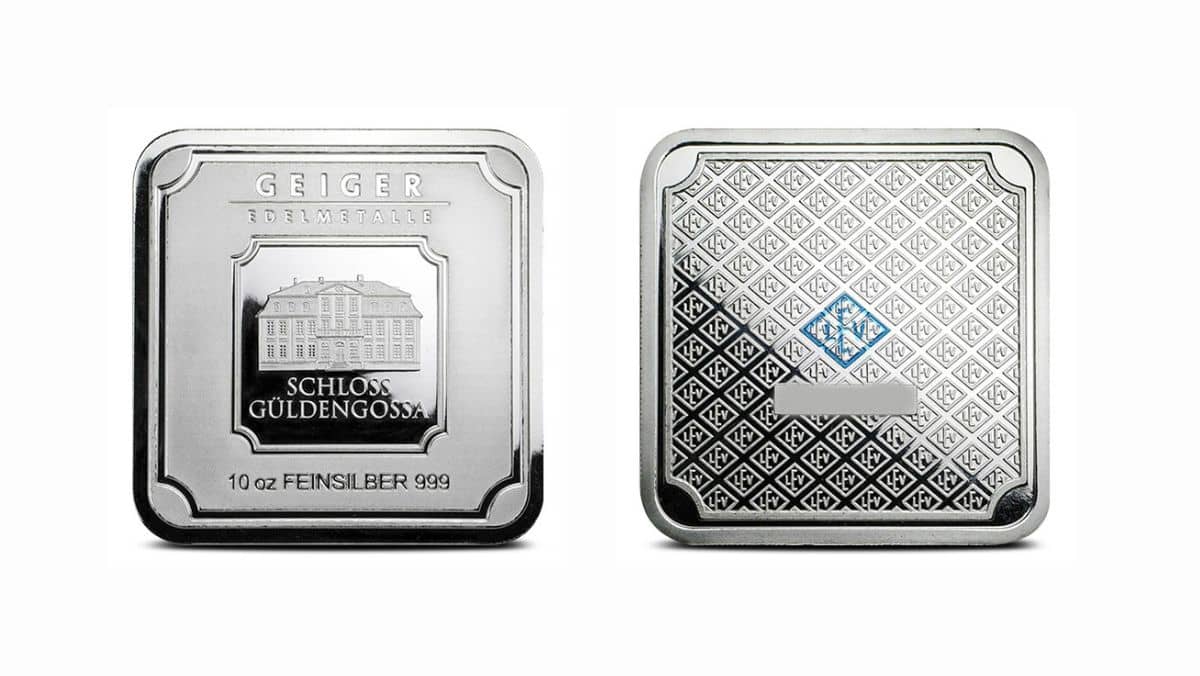 Front and back view of a ten ounce fine silver bar from Geiger Edelmetalle