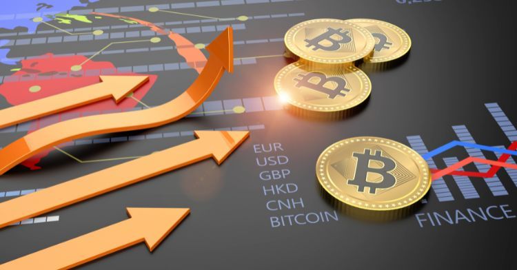 Golden Bitcoin coins with currency symbols and upward arrows on a dark financial chart background