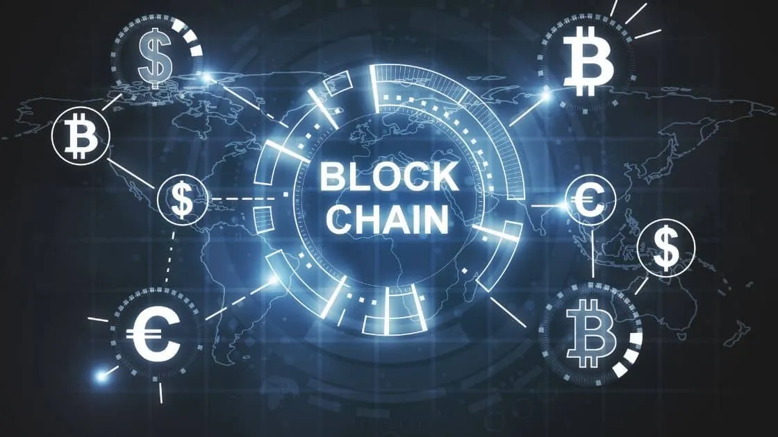 Graphic representation of a global blockchain network with various currency symbols like Bitcoin and Euro linked around a digital globe