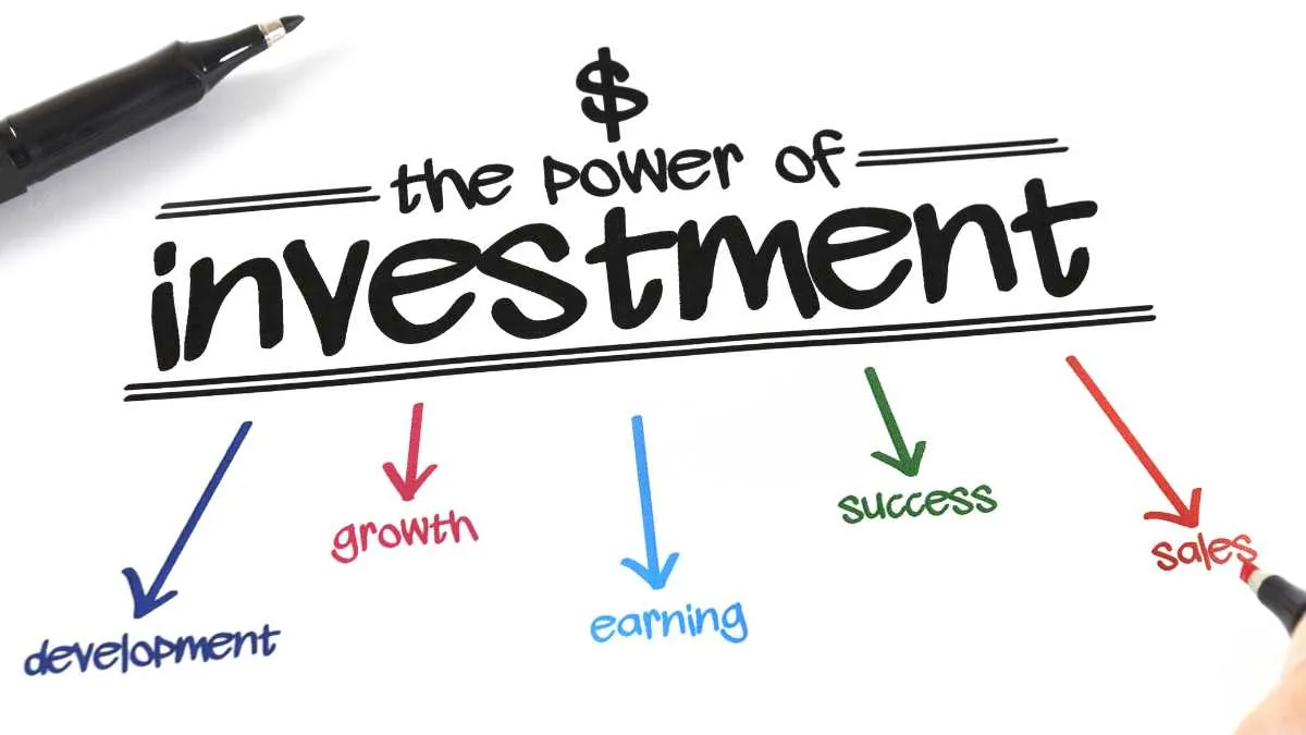Graphic with  the power of investment  and arrows labeled development, growth, earning, success, sales