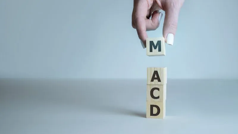Hand placing the letter M on top of wooden blocks spelling MACD for Moving Average Convergence Divergence