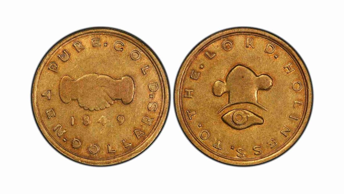 Obverse and reverse view of the 1849 Mormon Ten Dollar Gold Coin