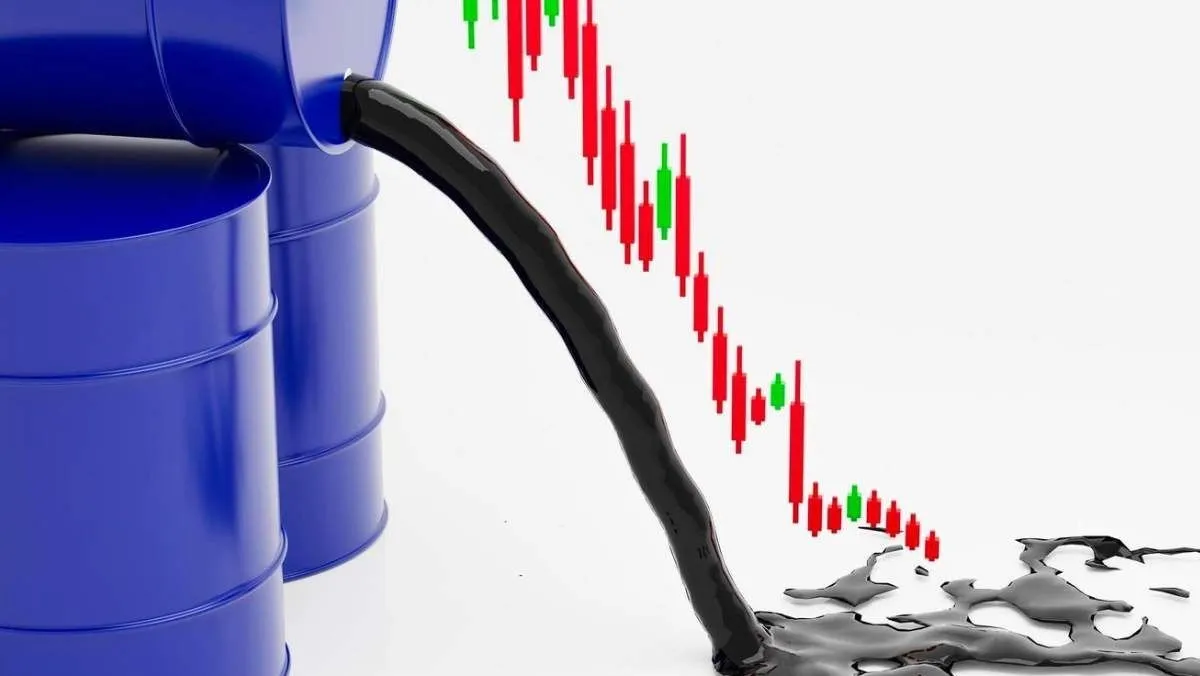 Oil is poured out from the blue barrel with a declining stock graph in the background