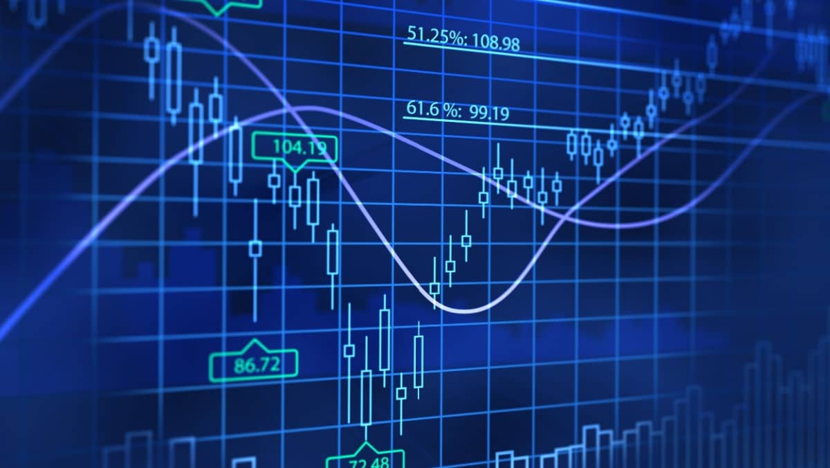 Digital artwork featuring a blue colored trading chart with a candlestick pattern trade lines graphs and asset prices