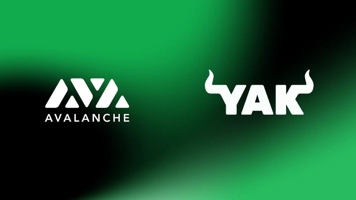 Side by side logos of Yield Yak and Avalanche Blockchain displayed on a background blending green and black hues