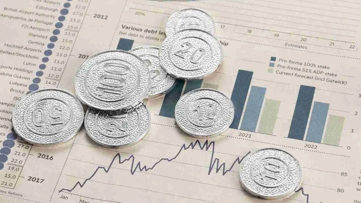 Silver-colored coins laid down on a document showing financial charts
