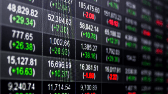 Stock market data on a digital display with red and green numbers