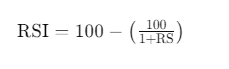 The formula for calculating the RSI (Relative Strength Index), which is 100 minus the result of 100 divided by the sum of 1 plus the Relative Strength (RS)