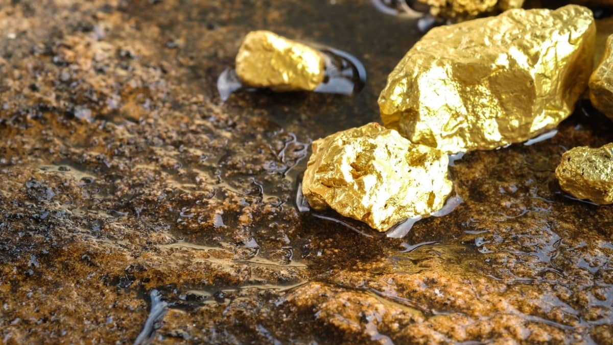 The pure gold ore found in the mine on a stone floor