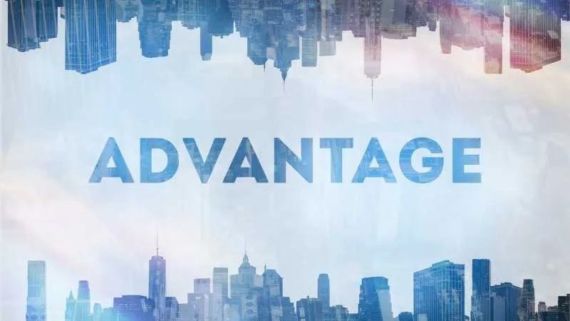 The word  ADVANTAGE overlaying a cityscape background with a mirrored skyline