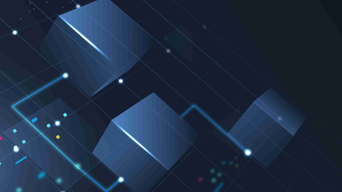 Three cubes, each in a gradient of blue, illustrate the concept of blockchain technology