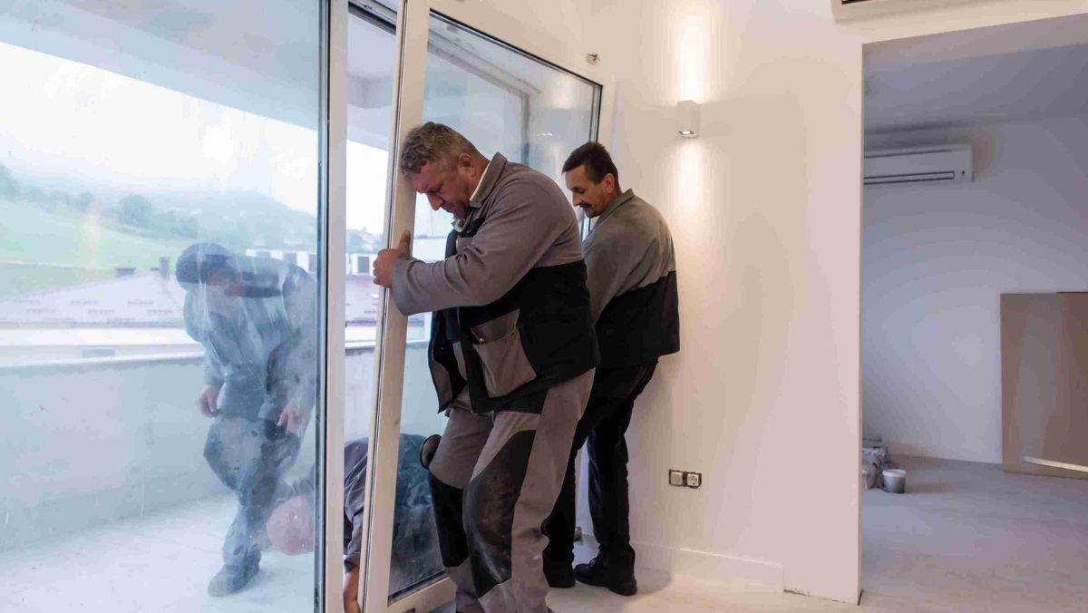 Three men working together to install a sleek sliding glass door