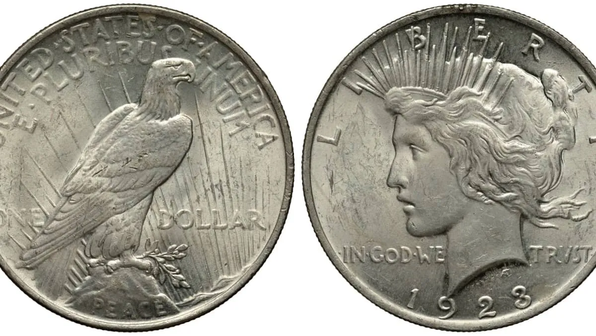 United States silver coin 1 one dollar 1923, eagle in sunrays, Liberty head left, date below