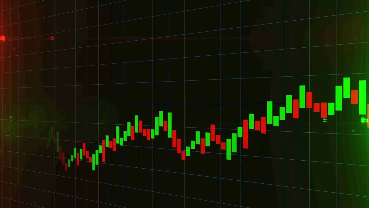Vibrant red and green patterns on a stable trading chart indicating a positive upward trend