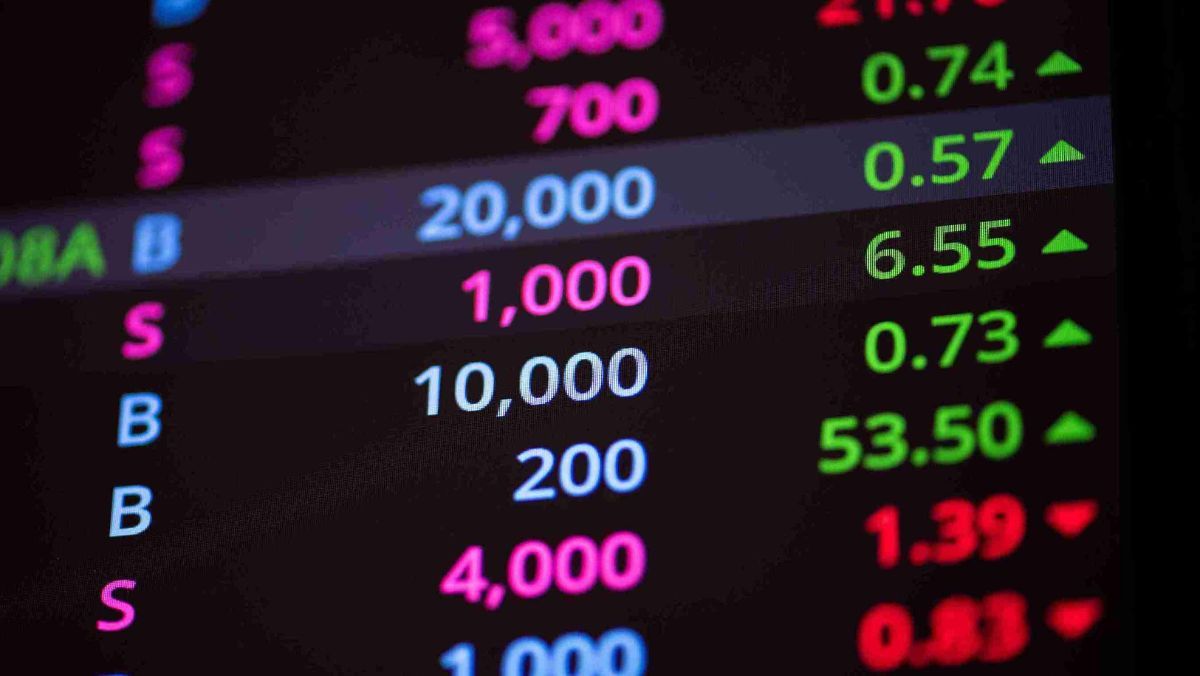 Vividly coloured stock prices displayed on a digital screen