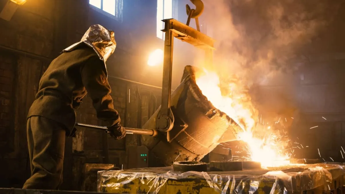 Worker controlling metal melting in furnaces. Workers operates at the metallurgical plant. The liquid metal is poured into molds.