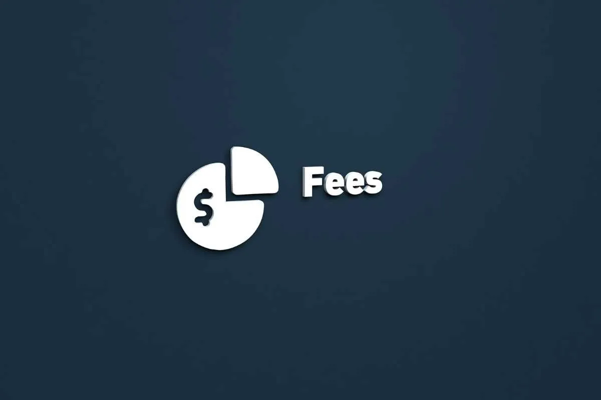 A pie chart with a dollar sign next to the word Fees on a dark blue background