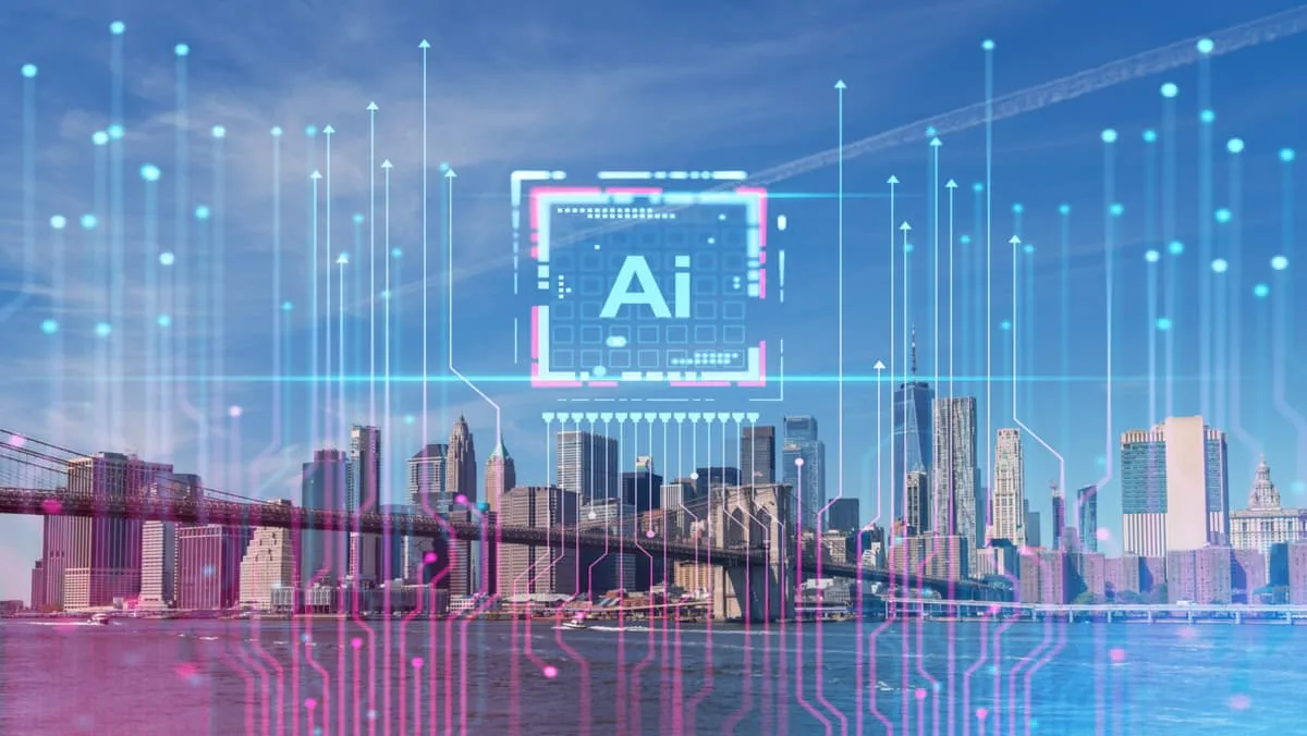 ai written on a circuit board with buildings as background