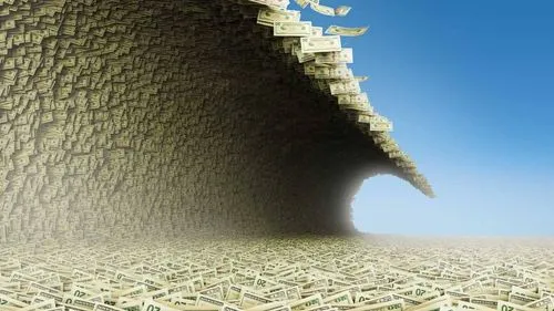 Wave of dollar bills creating a tunnel on a clear day