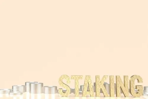 The word STAKING in large letters behind coin stacks